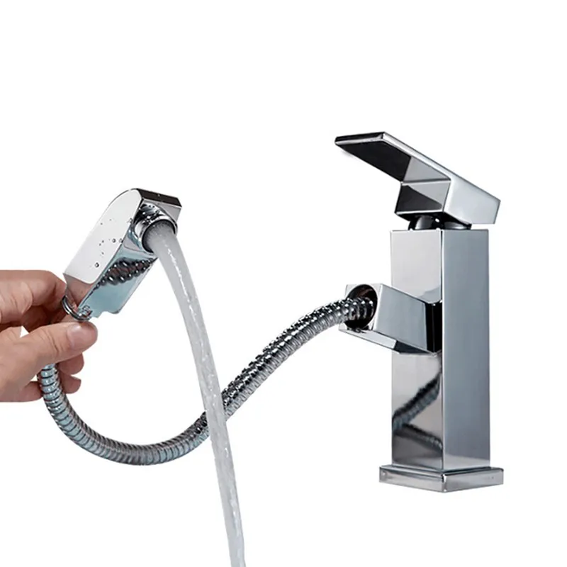 Смеситель для раковины LASO квадратный черный выдвижной кран горячей и холодной