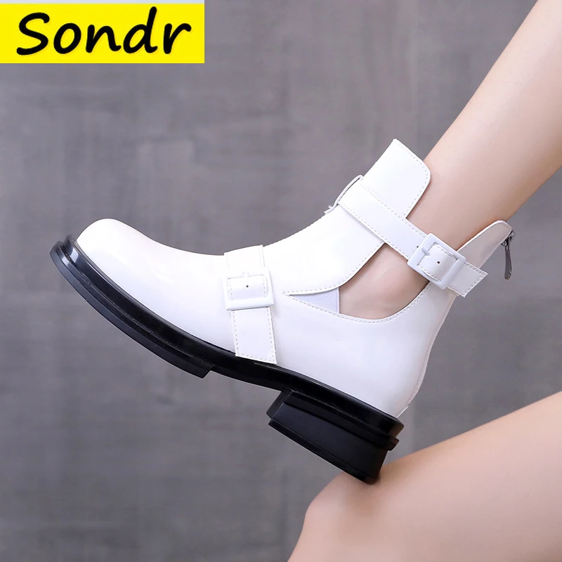 

2021 Summer Round Toe Retro Shoes Woman Classic Design Women Boots Summer Buckle Genuine Leather Women Med Heels Shoes