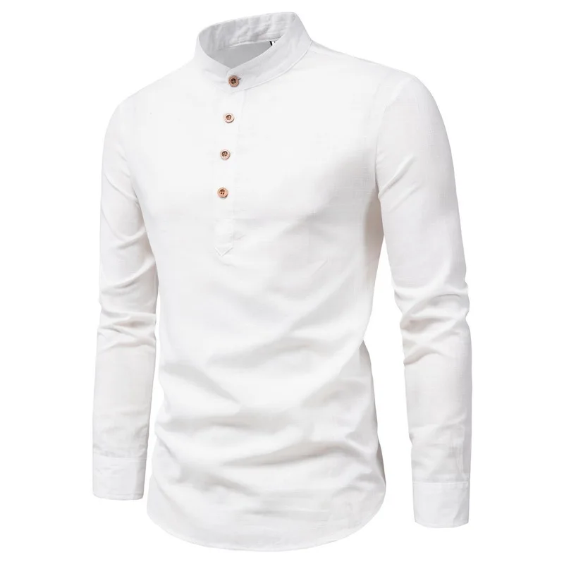 

2021 New Men's Spring And Autumn Cotton And Hemp Long Sleeve Shirt Men's Korean Solid Collar Shirt Large M-5XL