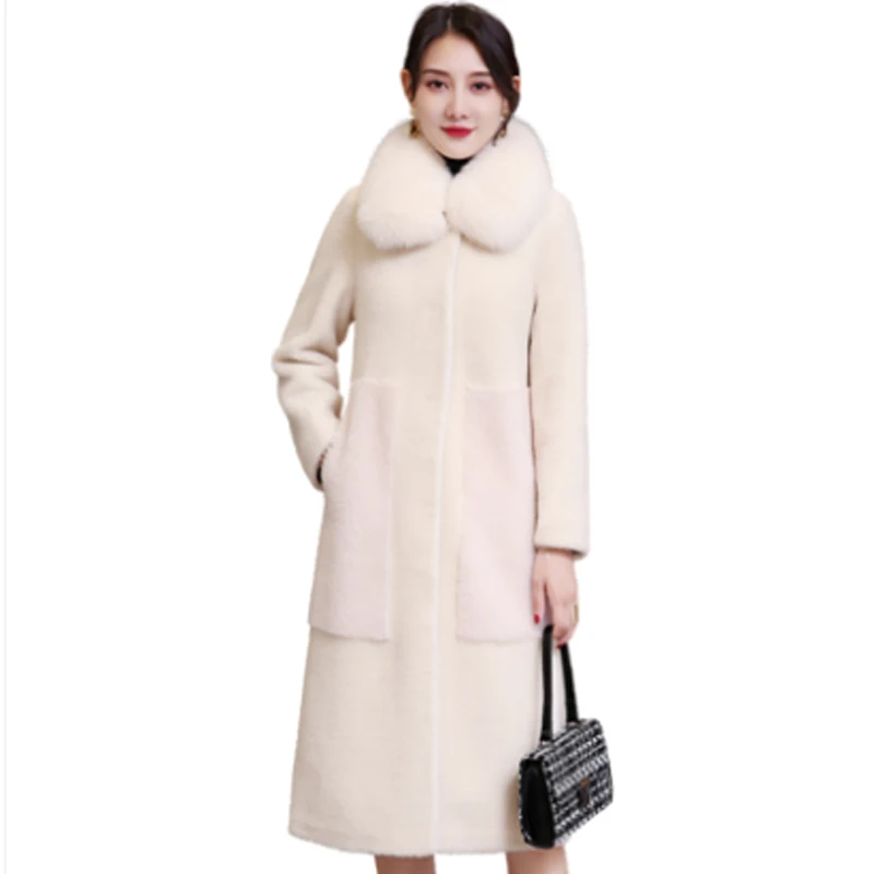 women natural wool fur long overcoat lapel collar streetwear thick warm outerwear 2020 real coat winter jacket | Женская одежда