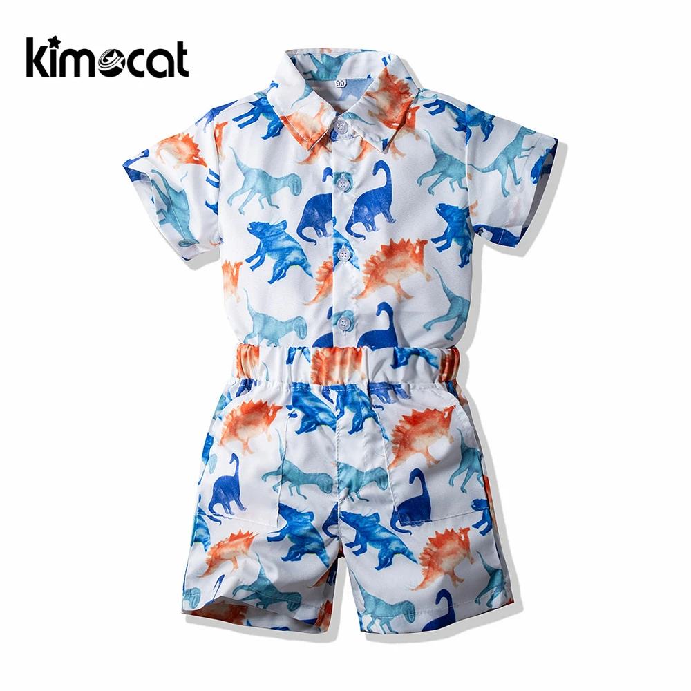 

Kimocat Summer New Boy Beach Vacation Wind Dinosaur Casual Cartoon Short-Sleeved Shirt Shorts 2pcs Suit Boys Clothing Set