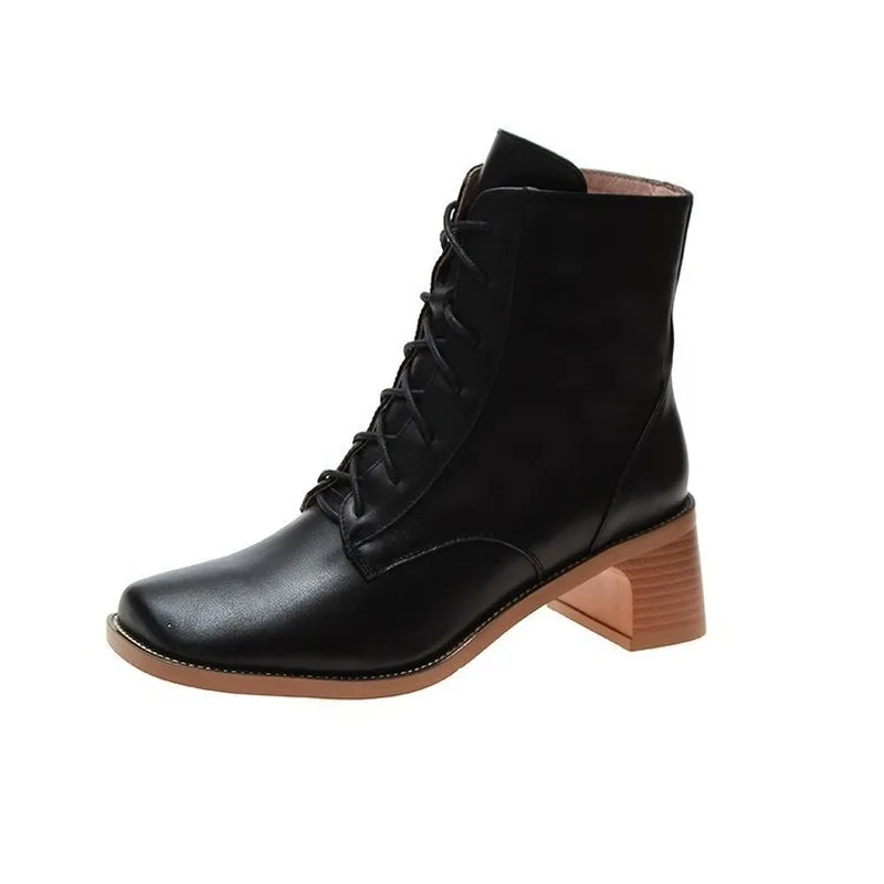 

2019 Autumn Black Leather Boots New Martin Boots Female Thick Block High Heels Lace Up Short Ankle Boots for Women Shoes Woman