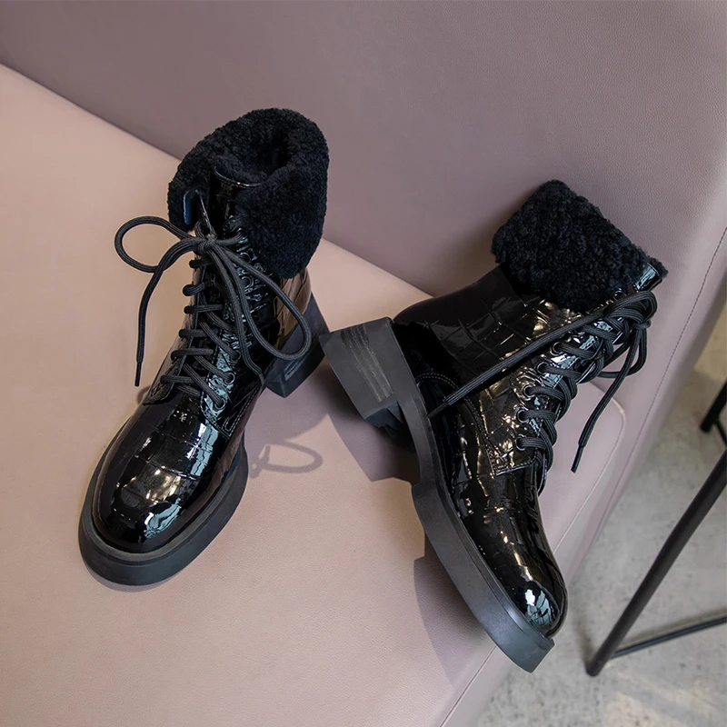 

Women Snow Boots Real Leather Warm Fur High Heel Winter Shoes Woman Plush Fashion Platform Short Boot