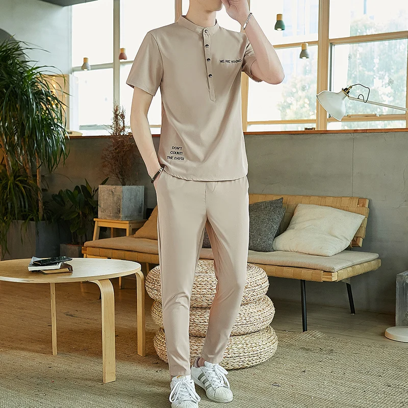 

KOLMAKOV Japan Style Mens Short Sleeved T-Shirt+Ankle Pant Sets Men Solid Casual Tracksuit Male M-5XL 217-926