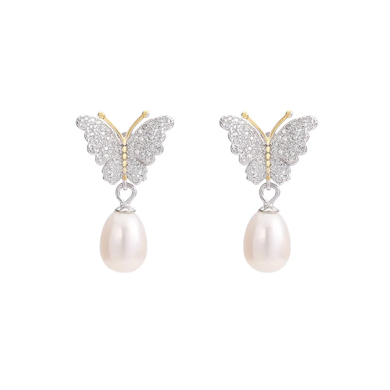 

deserve to act the role of natural pearl earrings female S925 pure silver DIY empty nail accessories butterfly tremella