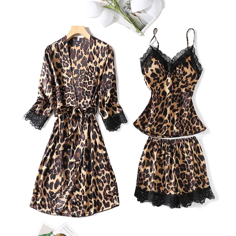 Leopard Pajamas Set Faux Silk Women Sexy Lace Summer Sleepwear Sling and Shorts Satin Lady Pyjamas Homewear Bathrobe Set