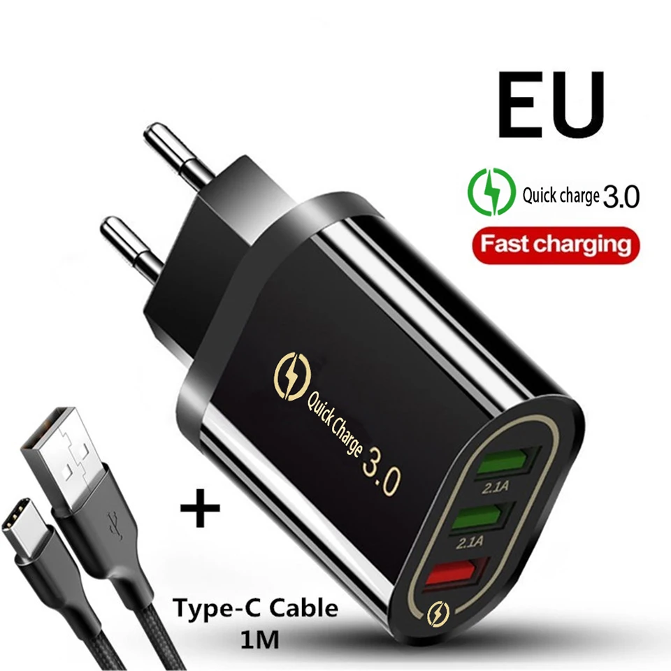 EU 3in1 Cable Black 5V3A Быстрая зарядка 3,0 USB зарядное устройство QC3.0 Быстрая зарядка мульти зарядное устройство для samsung S10 Xiaomi Mi9 iPhone X iPad настенное зарядное устройство для телефона - Тип штекера: EU 3in1 Cable Black