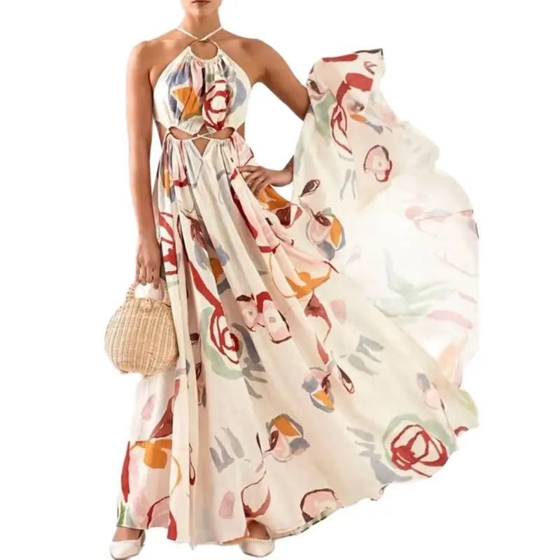 

Women Dress Sexy Long Print Floral Maxi Dress Print Bohemia Dresses Hollow Out Backless Spaghetti Strap Dresses Summer