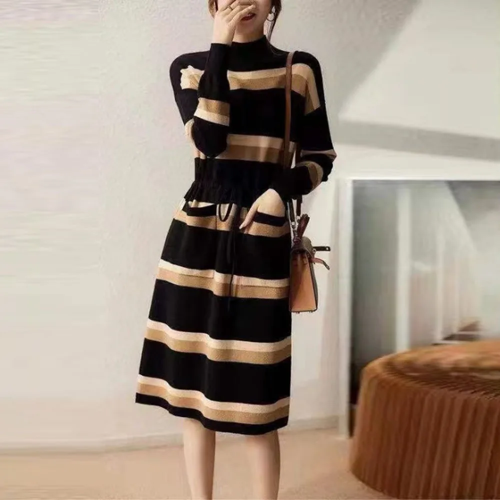 

Women's Dress Long Sleeve Half High Collar Temperament Stripes High-quality New Australian Pure Wool Knitted Dress Knitwear