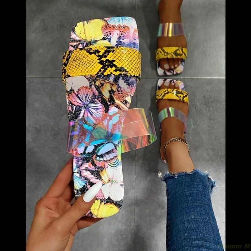 

Women's shoes plus size slippers female summer 2021 new butterfly flat-bottomed snake print color flat-bottom beach flip flops