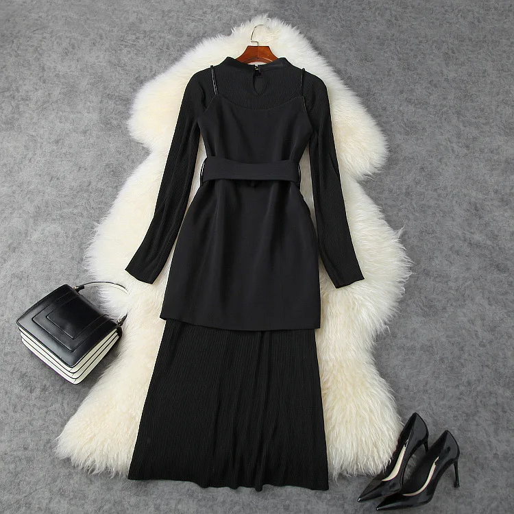 

Dress Suits Ladies Autumn Winter 2020 New Vintage Double Breasted Suspender Dress + Stand Collar Long Sleeved Pleated Base Dress