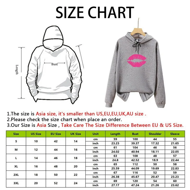 

Women's Lips Print Sweatshirts Casual Long Sleeve Hooded Tops Vintage 2021 Autumn Girls Loose Pullovers Warm Hoodies Female