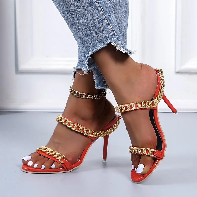 

2021 Women Sandals Fashion Chain Open Toe Thin Heel Sandals Super Stylish Nice Woman Shoes High heels Plus Size Slippers New