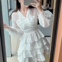 chic transparent lantern sleeve sexy women dress white hollow out cake mini party dresses summer lady vintage embroidery vestido
