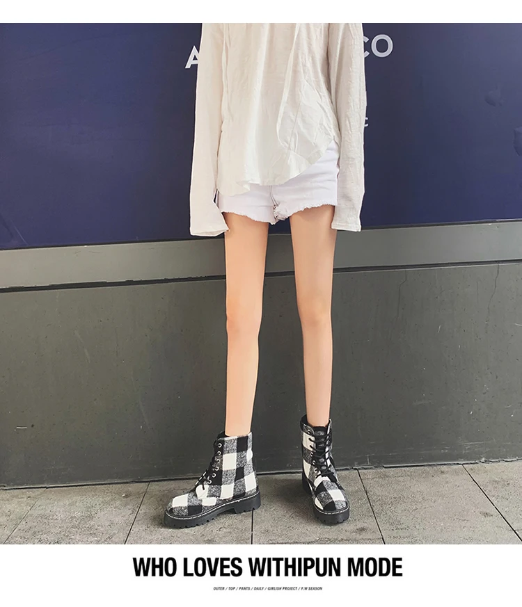 Winter Luxury Designer Patchwork Plaid Boots British Style Women Thick Heels Martin Boots Chic Plus Velvet Ladies Lace Up Shoes