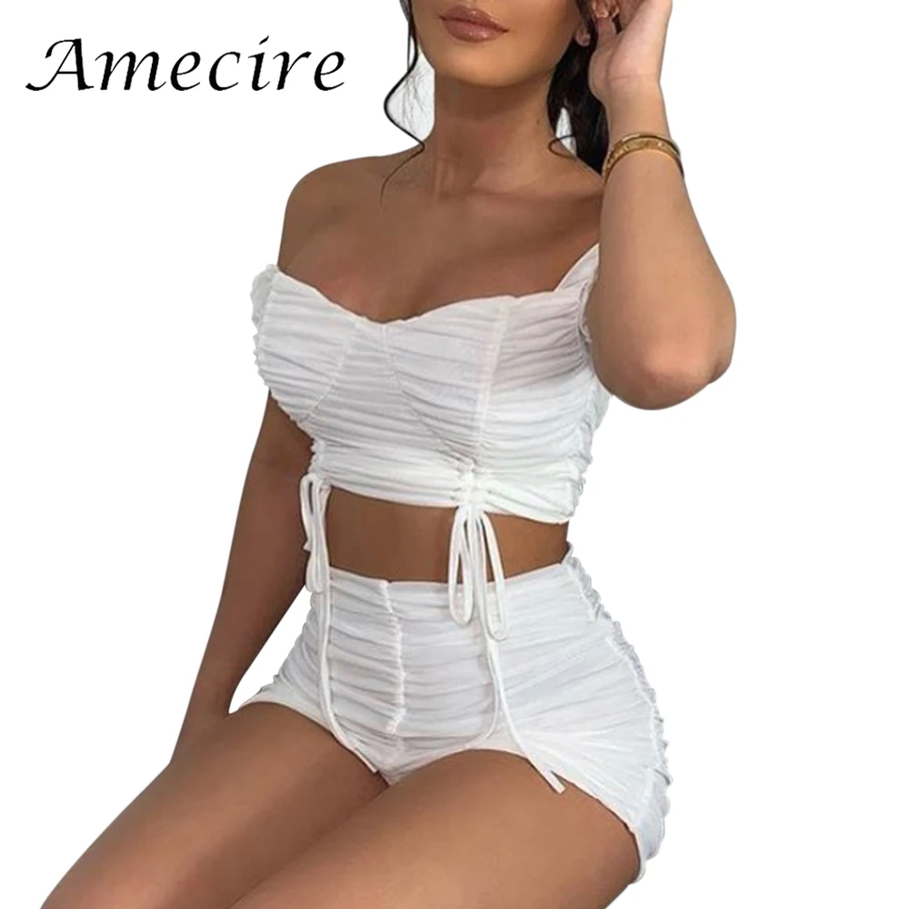 Amecire летний сетчатый костюм из тюля 2 предмета милый бюстье с открытыми плечами