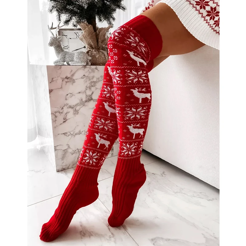 

Рождественские чулки женские длинные вязаные чулки для девочек женские зимние теплые вязаные носки до бедра выше колена носки