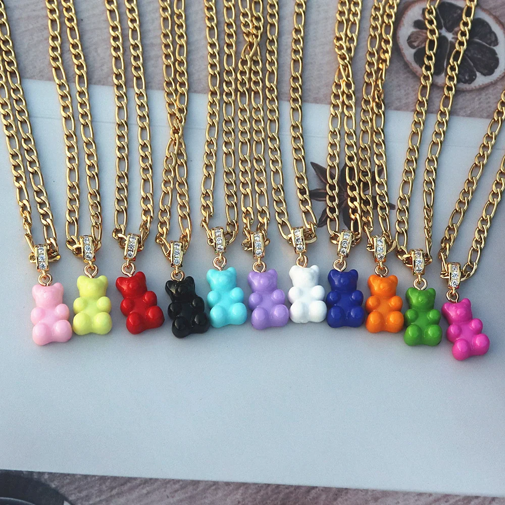 

Candy Color Gummy Bear Pendant Necklace For Women Kids Resin Teddy Bear Necklaces Stainless Steel Figaro Chain Kolye Gold Choker