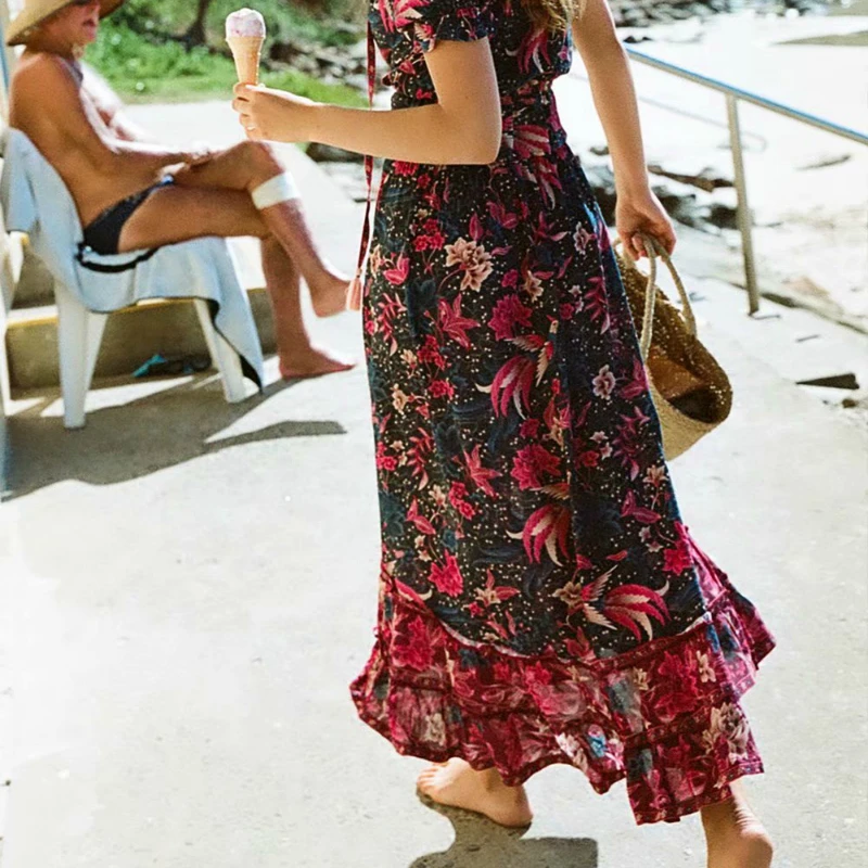 Boho Chic, Женская пляжная плиссированная юбка хиппи с цветочным принтом и птицами, высокая эластичная талия, макси-юбка трапециевидной формы для женщин
