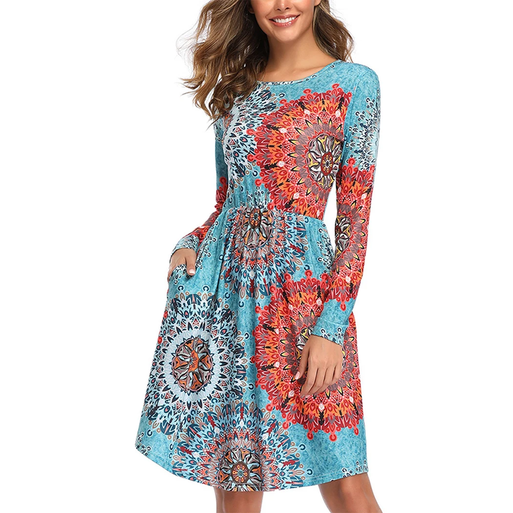 2019 осеннее платье с круглым вырезом в стиле бохо цветочным принтом женское