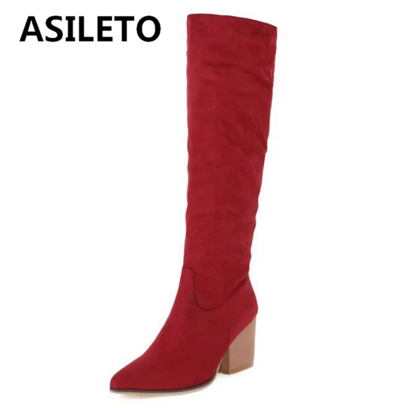 

ASILETO Knee High Boots Ladies kalosze damskie wysokie Pointed Toe Block Heels Flock Zipper Large Size 32-48 Sexy Winter S2761