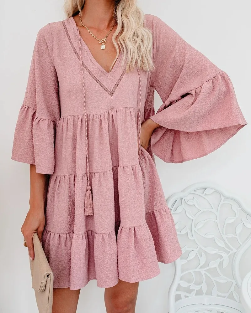 

Women Ruffle Long Sleeve Dress Female Fringed Patchwork Solid Color Flared Sleeve Casual Dress Spring Party Club Beach Vestidos