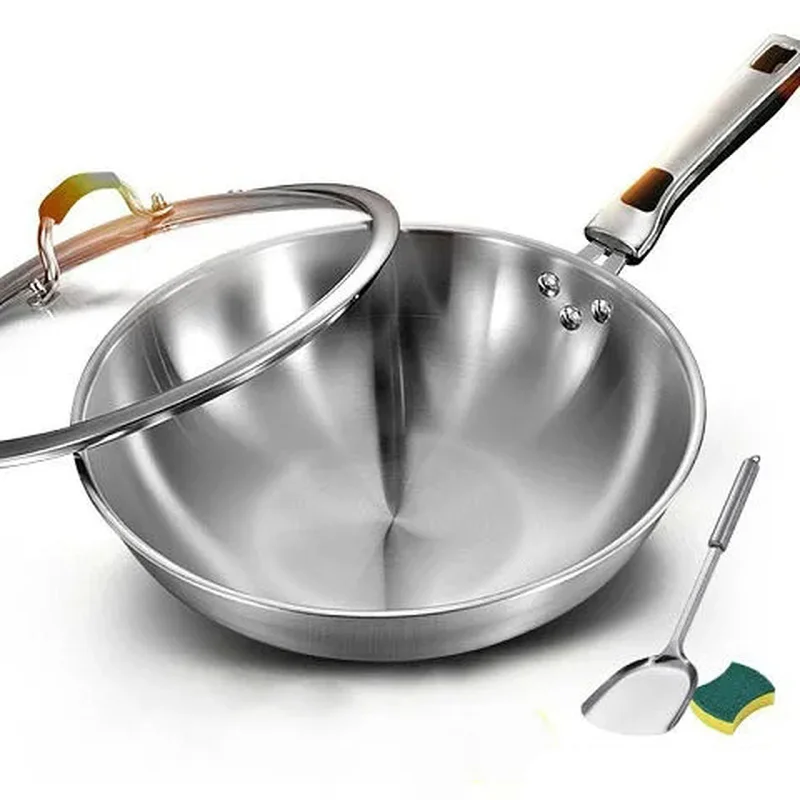 

32cm Fume-free Non-stick Pan Wok 304 Stainless Steel Frying Pan with Glass Cover Household Uncoated Wok Cooker Gas Suitable