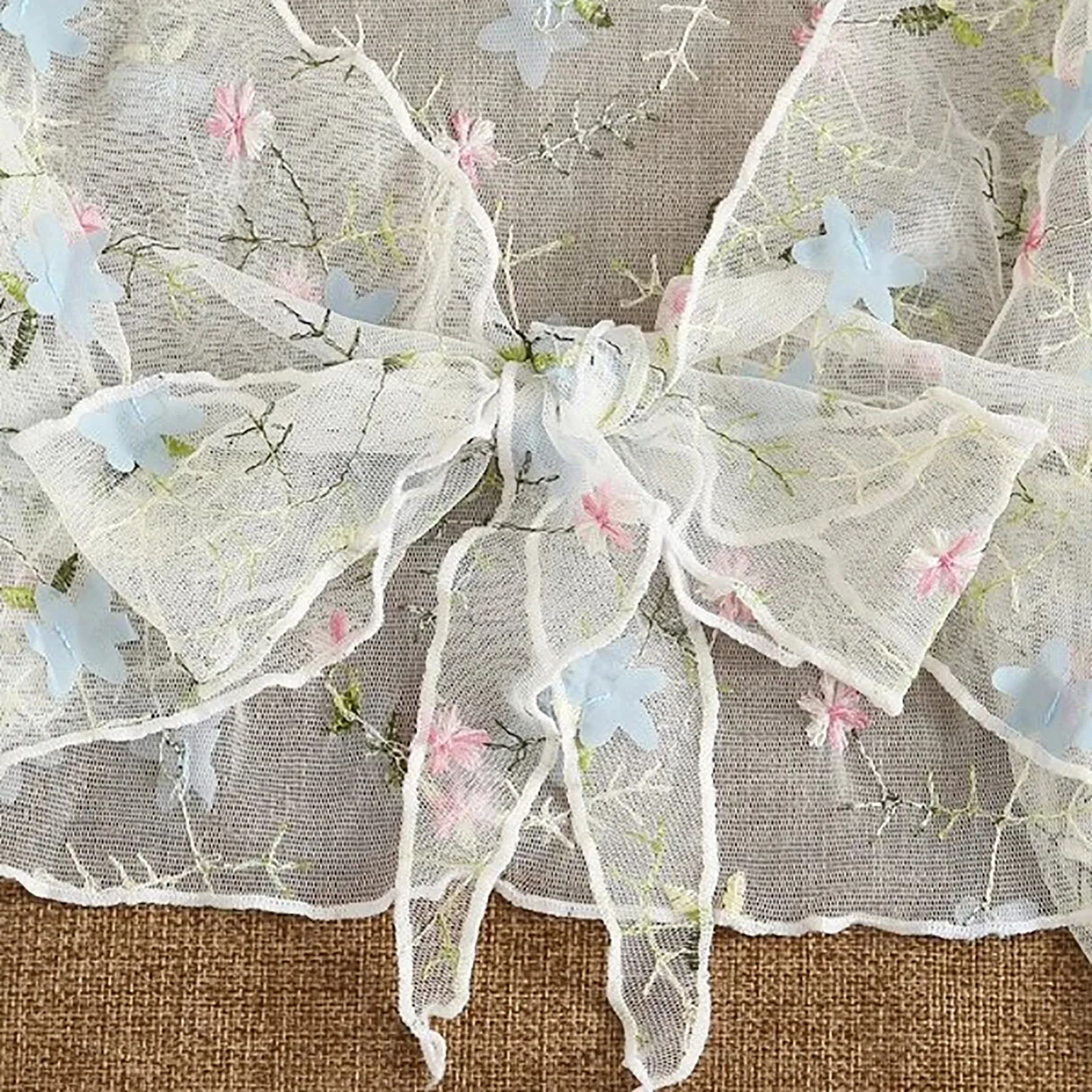 

Women White Mesh Two Pieces Lingerie Floral Print Free Muslin Sleepwear Underwear Open Tie Tops Middle-Waist Briefs Set Bodysuit