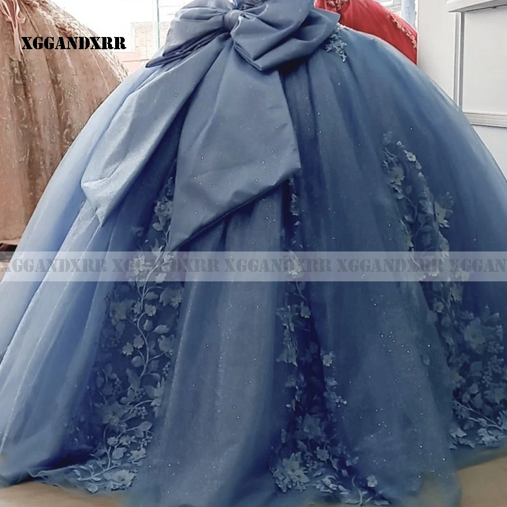 

Dusty Blue Quinceanera Dress with 3D Floral Applique Vestidos XV Aos Sweet 16 Dress Bow robe de soire With Big Bow Custom Made