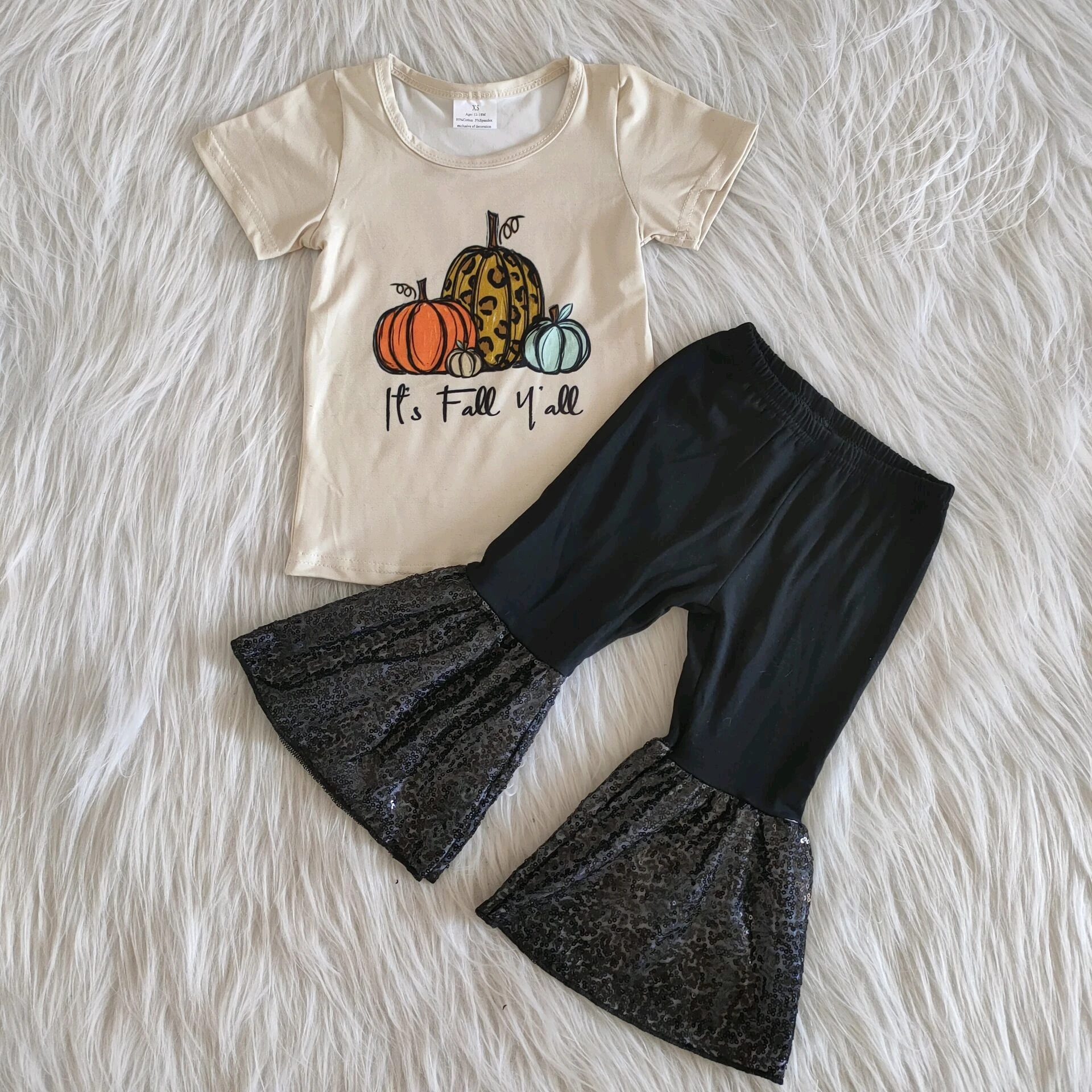

Children Clothes Summer 2021 Pumpkin Short Sleeves and a Pair of Black Bell Bottoms Girls Boutique Clothing Sets