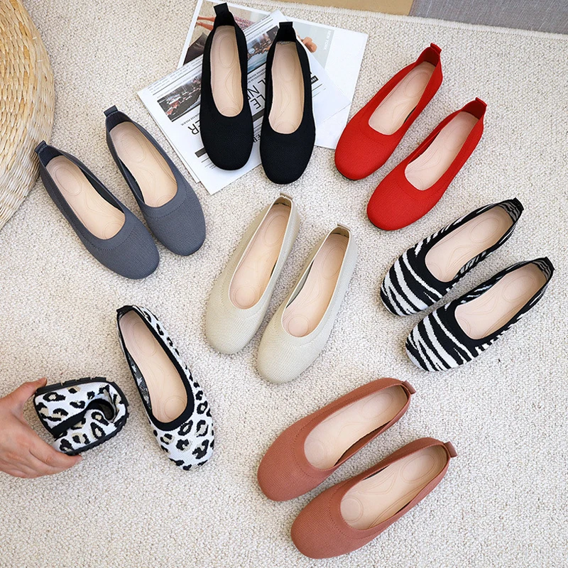 

2021 Women Leopard Striped Ballet Flat Round Toe Knit Texture Footwear Fashion Causal Breathable Mesh Slip on Female Dress Shoes