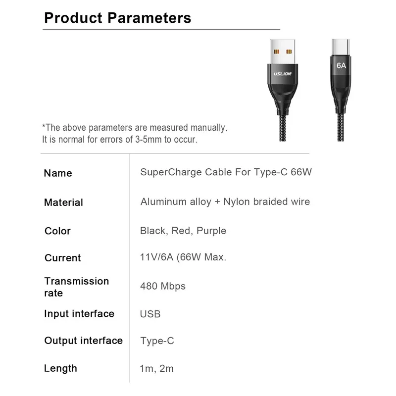 USLION 6A USB C Cable Type C Cable For Samsung S20 Qucik Charge 66W Fast Charging Wire Mobile Phone USBC Type-C Cable for Xiaomi