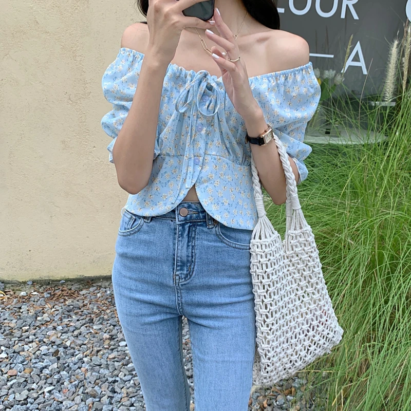 

Hzirip Korean Design Floral Puff Sleeves One-Shoulder Chiffon Slim Ladies 2021 Chic Fashion Gentle All-Match Casual Loose Top