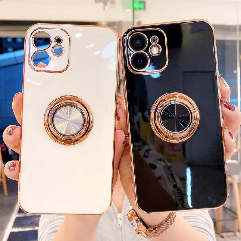 

Soft Candy Square Phone Case For iPhone 11 12 13 Pro Max XS X XR 7 8 Plus SE 2020 mini Stand Ring Silicone Shockproof Case Cover