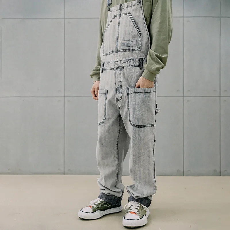 2021 Fashion Jeans Overalls Men's Denim Jumpsuits High Street Straight Loose Hip Hop Cargo Bib Pants Cowboy Blue Trousers
