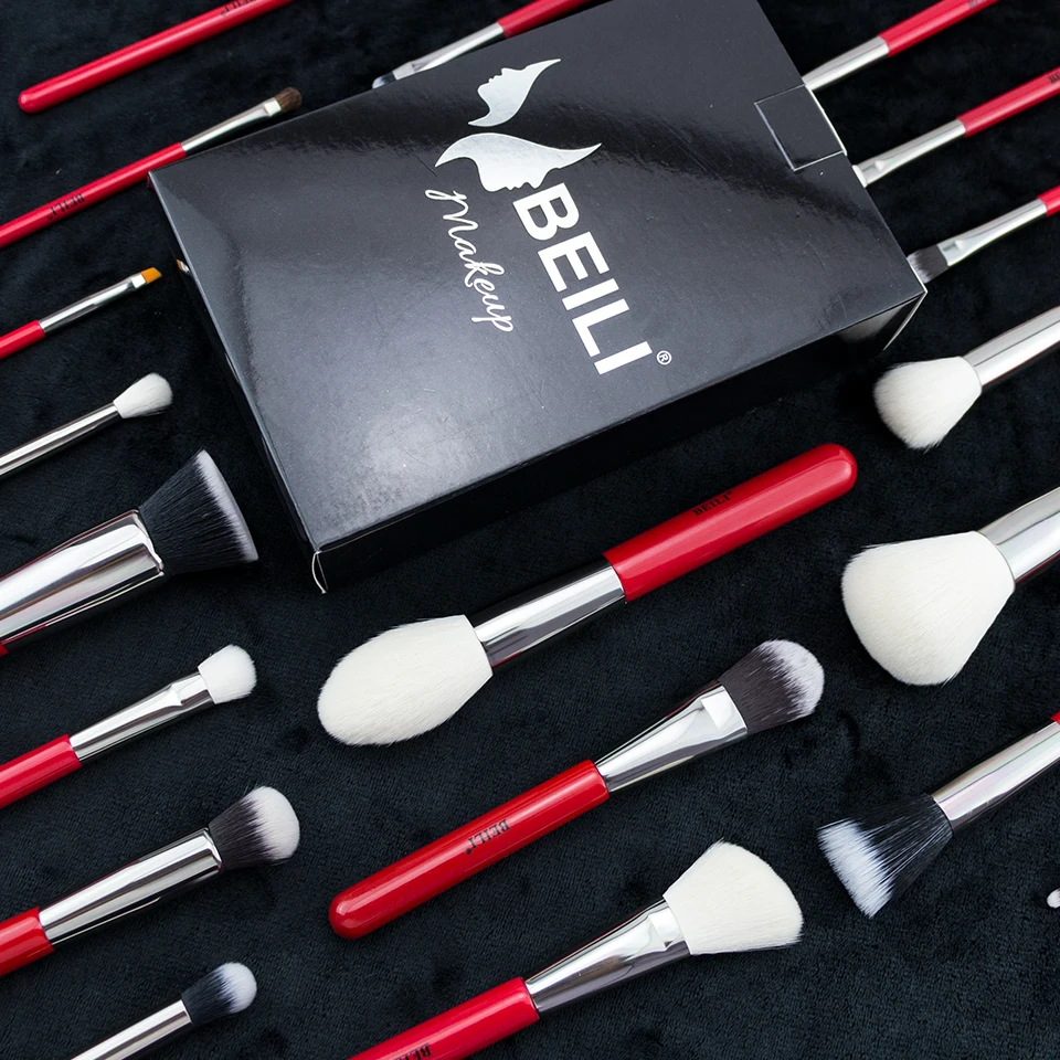 BEILI, профессиональные, красные, 25 шт., кисти для макияжа, набор, пудра, основа, натуральный козьего волоса пони, тени для растушевки, Кисть для макияжа, инструмент