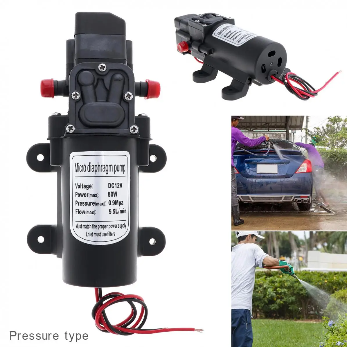 

12V 80W 5.5L/min Self-suction DC Mini Diaphragm High Pressure Electric Cars Wash Pump with Red Dust Cap for Car / Home / Garden
