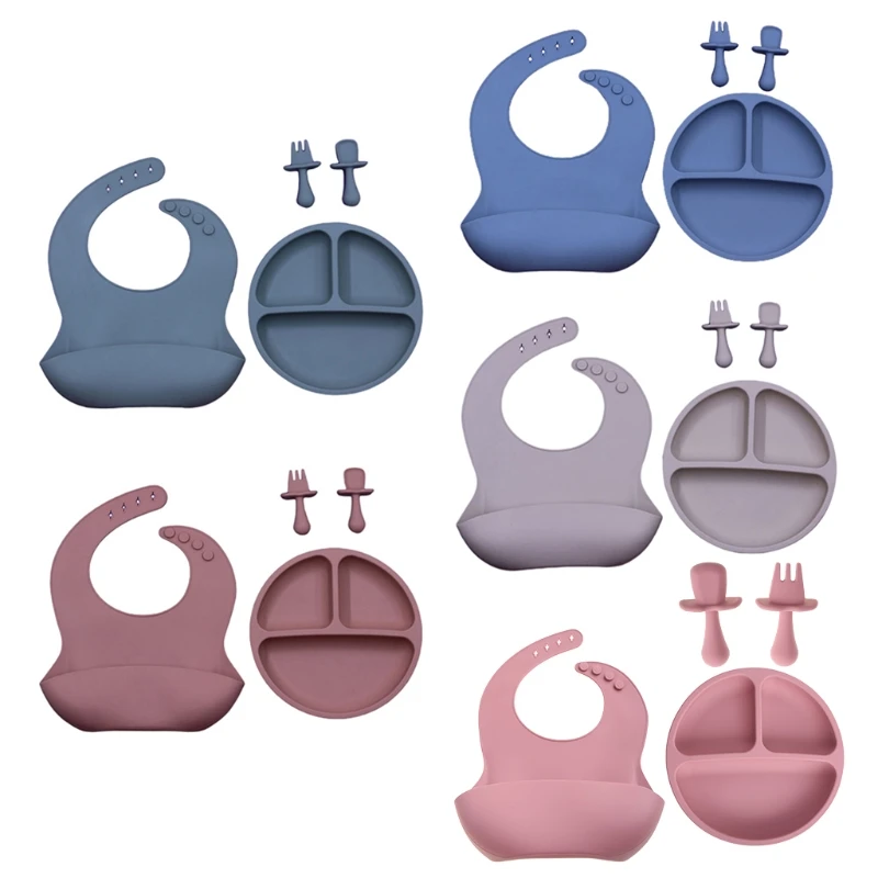 

4 шт./компл. набор нескользящих силиконовых нагрудников для кормления детей, ложка, вилка, лоток с разделенной пластиной на присоске, посуда ...