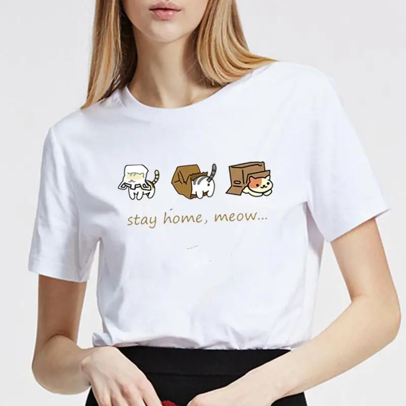 

Harajuku Shirt Tee Shirt Femme Stay Home Meow Cats Print T Shirt Women Tops Summer Short Sleeve Casual Tshirt Camiseta Mujer
