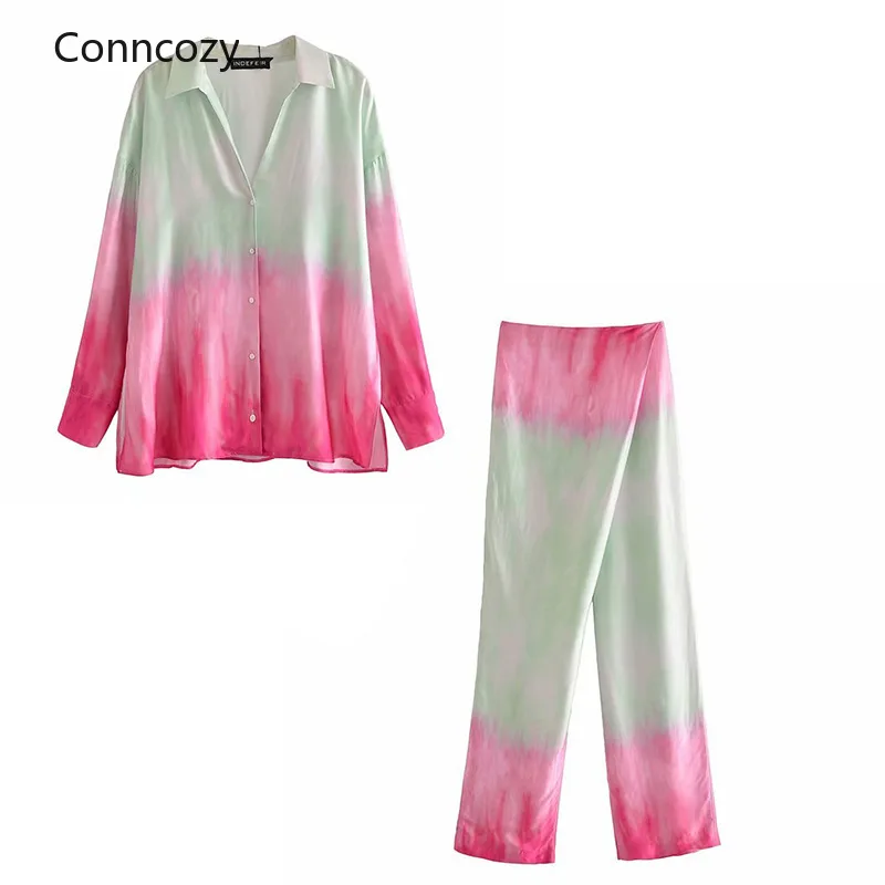 

2021 Autumn Women's Clothing Shirt Retro Tie-Dye Printed Button Top + Women's High Waist Positioning Printed Pants Ladies Suit