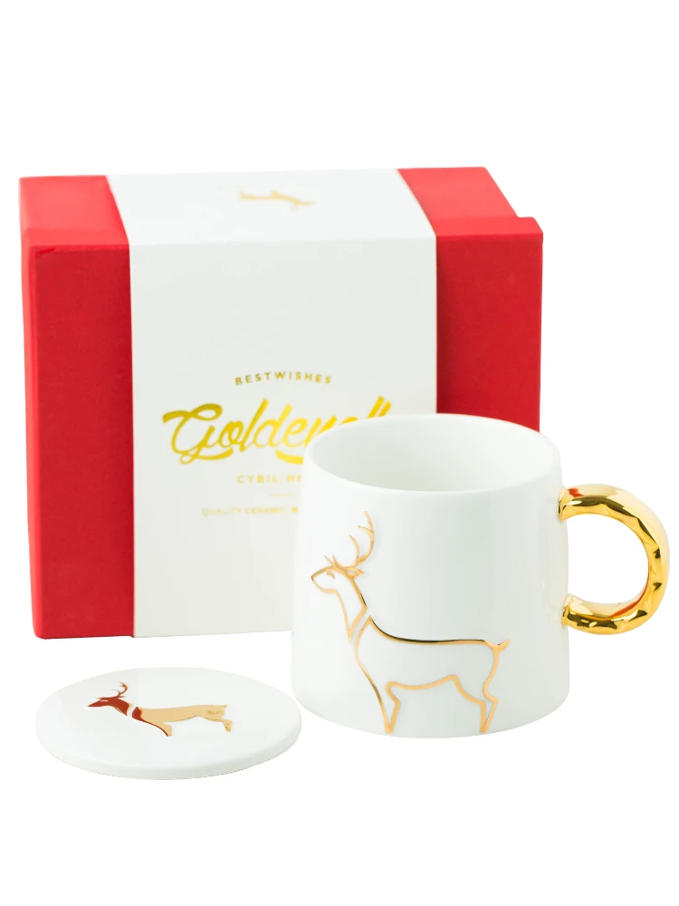 

Gold elk Christmas mugs and lovely girl with cover teaspoons of large-capacity glass glass ceramic coffee cup