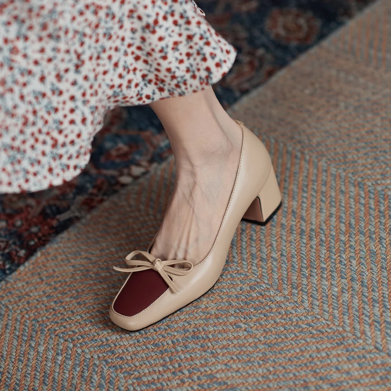 

2021 Spring Party Wedding Shoes For Women Butterfly Knot Women's Shoes Genuine Leather Thick Heels Shoes Woman Heels