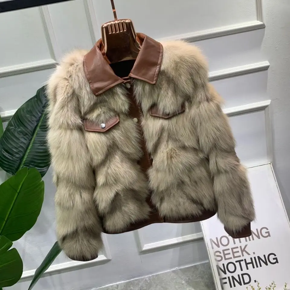 

Women 2020 Winter New Fashion Short Style Real Fox Fur Coat Female V-neck Slim Single Breasted Jacket Ladies Patchwork Coats S77