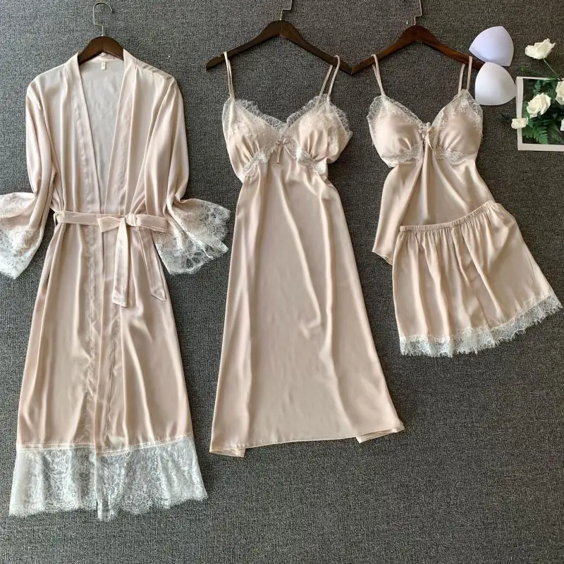 

Sexy Full Slip Lace Women Sleepwear Pijamas Suit 4PCS Pajamas Set SleepwearSpring Summer Silk Satin Wedding Robe Loose Bathrobe