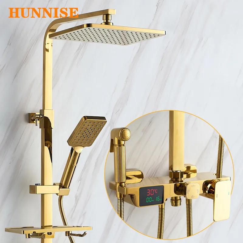 Bathroom Shower Set HUNNISE Rainfall Shower System Head Gold Digital Shower System Brass Bathtub Faucet Thermostatic Shower Set
