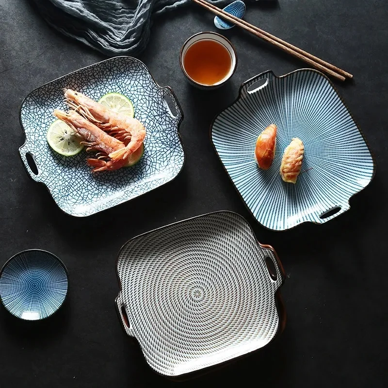 

1pc 9 Inch Japanese Style Dinner Plate Line Stripe Dinner Dishes with Double Handle Square Dinnerware Dishes Ceramic Plate