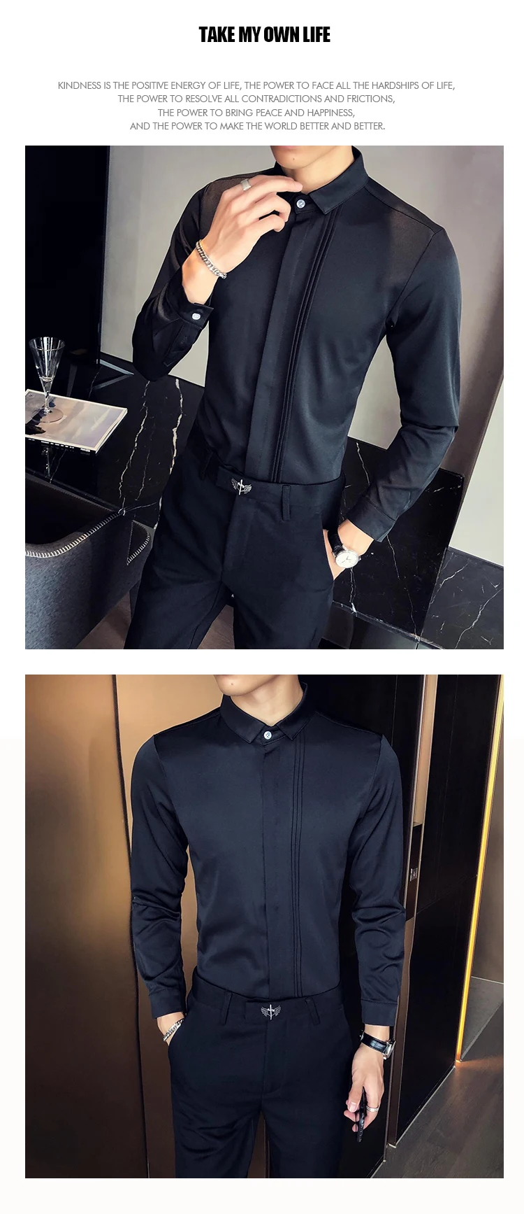 British Style Spring New 2022 Men Tuxedo Shirt Long Sleeve Fashion Simple Front Folds Design Slim Fit Casual Dress Blouse Homme