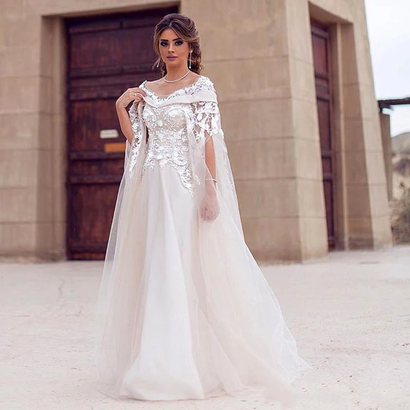 

2020 Elegant Dubai 3D Flower Cape Style Wedding Dresses Scoop Neck Lace Sweep Train Arabic Dress A Line Bridal Gowns Custom Made
