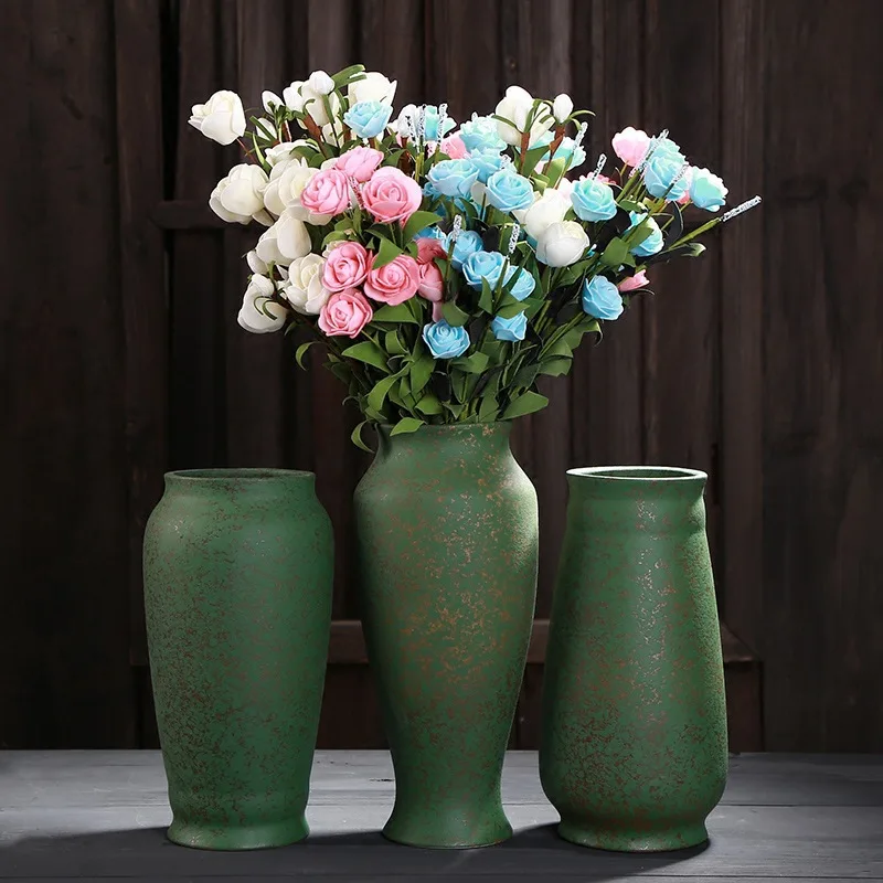 

Retro Green Chinese Ceramic Vase For Living Room Desktop Distressed Antique Clay Vase Entrance Flower Arrangement Vase Ornaments