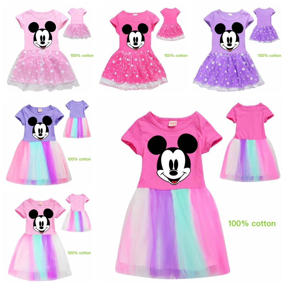 

Kids Summer Dress Girls Cartoon Mickey Mouse Clothes Baby Rainbow Short Sleeve Wedding Party Princess Dress For Girls Toddler